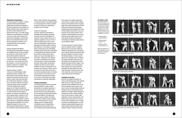 Sample pages from 'The Art of Weapons'; armed and unarmed self-defense involving common weapons; one in a series of remarkable books that provide an in-depth look at the core concepts and techniques shared by a broad range of martial arts styles. Contains over 350 practical techniques organized into in-depth chapters on the knife, short-stick, staff, cane, rope, common objects, and defense against handgun.