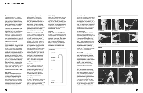 Sample pages from 'The Art of Weapons'; armed and unarmed self-defense involving common weapons; one in a series of remarkable books that provide an in-depth look at the core concepts and techniques shared by a broad range of martial arts styles. Contains over 350 practical techniques organized into in-depth chapters on the knife, short-stick, staff, cane, rope, common objects, and defense against handgun.