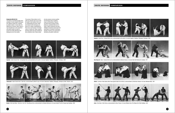 Sample pages from 'The Art of Weapons'; armed and unarmed self-defense involving common weapons; one in a series of remarkable books that provide an in-depth look at the core concepts and techniques shared by a broad range of martial arts styles. Contains over 350 practical techniques organized into in-depth chapters on the knife, short-stick, staff, cane, rope, common objects, and defense against handgun.