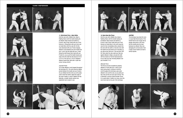 Sample pages from 'The Art of Weapons'; armed and unarmed self-defense involving common weapons; one in a series of remarkable books that provide an in-depth look at the core concepts and techniques shared by a broad range of martial arts styles. Contains over 350 practical techniques organized into in-depth chapters on the knife, short-stick, staff, cane, rope, common objects, and defense against handgun.