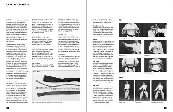 Sample pages from 'The Art of Weapons'; armed and unarmed self-defense involving common weapons; one in a series of remarkable books that provide an in-depth look at the core concepts and techniques shared by a broad range of martial arts styles. Contains over 350 practical techniques organized into in-depth chapters on the knife, short-stick, staff, cane, rope, common objects, and defense against handgun.