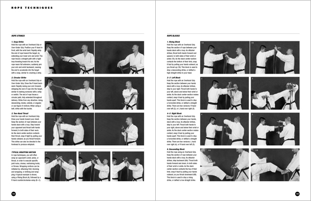 Sample pages from 'The Art of Weapons'; armed and unarmed self-defense involving common weapons; one in a series of remarkable books that provide an in-depth look at the core concepts and techniques shared by a broad range of martial arts styles. Contains over 350 practical techniques organized into in-depth chapters on the knife, short-stick, staff, cane, rope, common objects, and defense against handgun.