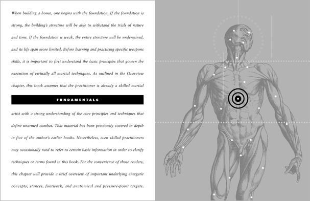 Sample pages from 'The Art of Weapons'; armed and unarmed self-defense involving common weapons; one in a series of remarkable books that provide an in-depth look at the core concepts and techniques shared by a broad range of martial arts styles. Contains over 350 practical techniques organized into in-depth chapters on the knife, short-stick, staff, cane, rope, common objects, and defense against handgun.