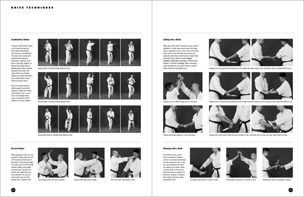 Sample pages from 'The Art of Weapons'; armed and unarmed self-defense involving common weapons; one in a series of remarkable books that provide an in-depth look at the core concepts and techniques shared by a broad range of martial arts styles. Contains over 350 practical techniques organized into in-depth chapters on the knife, short-stick, staff, cane, rope, common objects, and defense against handgun.