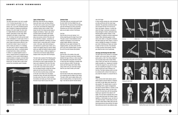 Sample pages from 'The Art of Weapons'; armed and unarmed self-defense involving common weapons; one in a series of remarkable books that provide an in-depth look at the core concepts and techniques shared by a broad range of martial arts styles. Contains over 350 practical techniques organized into in-depth chapters on the knife, short-stick, staff, cane, rope, common objects, and defense against handgun.